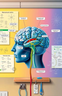 An educational illustration depicting a detailed neurology case study