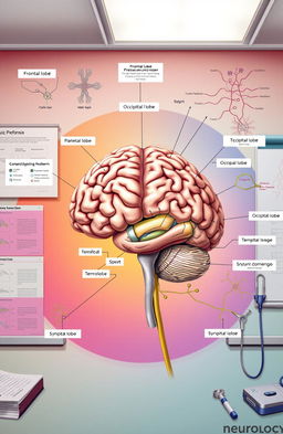 An educational illustration depicting a detailed neurology case study