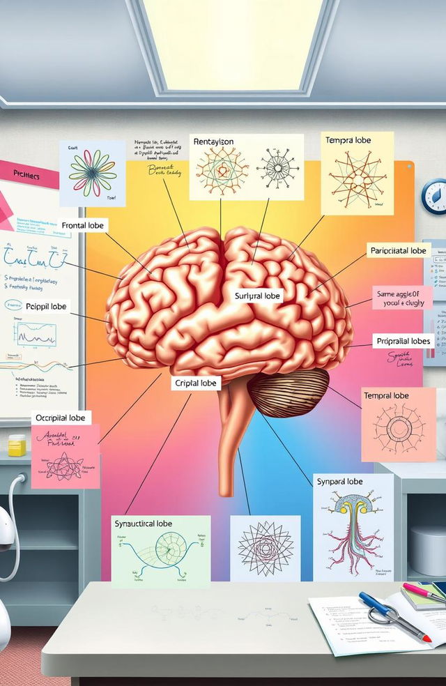 An educational illustration depicting a detailed neurology case study