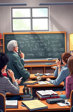 A dynamic classroom scene illustrating an engaging college physics lecture, where the professor, an older man with salt-and-pepper hair, stands at the front with a chalkboard filled with equations and diagrams