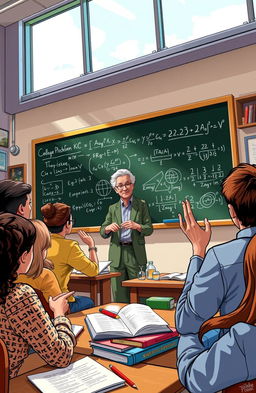 A dynamic classroom scene illustrating an engaging college physics lecture, where the professor, an older man with salt-and-pepper hair, stands at the front with a chalkboard filled with equations and diagrams