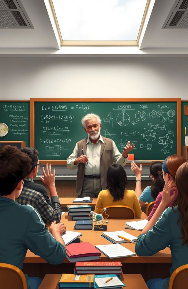 A dynamic classroom scene illustrating an engaging college physics lecture, where the professor, an older man with salt-and-pepper hair, stands at the front with a chalkboard filled with equations and diagrams