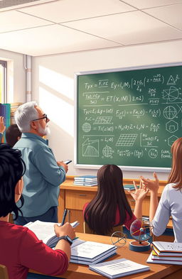 A dynamic classroom scene illustrating an engaging college physics lecture, where the professor, an older man with salt-and-pepper hair, stands at the front with a chalkboard filled with equations and diagrams