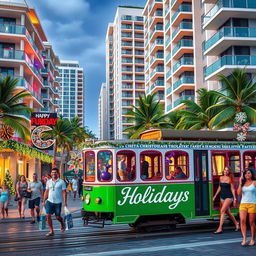 A beautiful Caribbean tropical city featuring modern buildings adorned with vibrant Christmas decorations