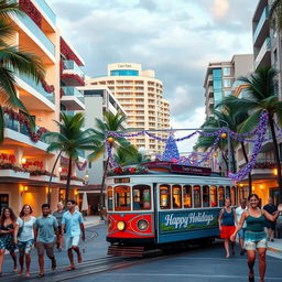 A beautiful Caribbean tropical city featuring modern buildings adorned with vibrant Christmas decorations