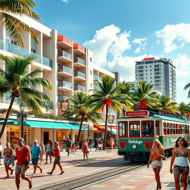 A beautiful Caribbean tropical city featuring modern buildings adorned with vibrant Christmas decorations