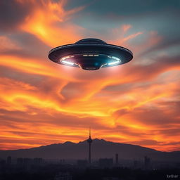 A mesmerizing scene of a flying saucer hovering in the sky above Tehran