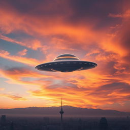 A mesmerizing scene of a flying saucer hovering in the sky above Tehran