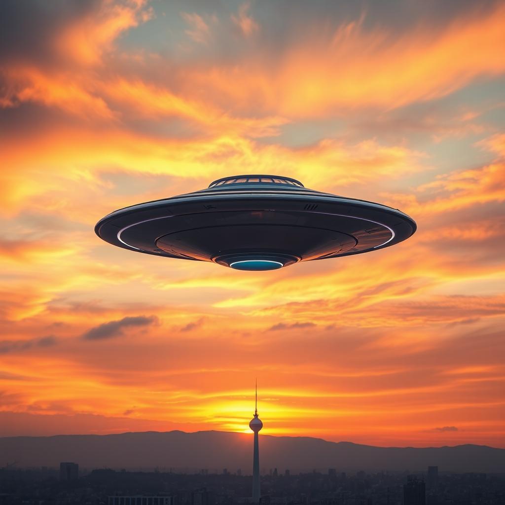 A mesmerizing scene of a flying saucer hovering in the sky above Tehran