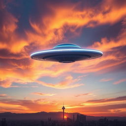 A mesmerizing scene of a flying saucer hovering in the sky above Tehran