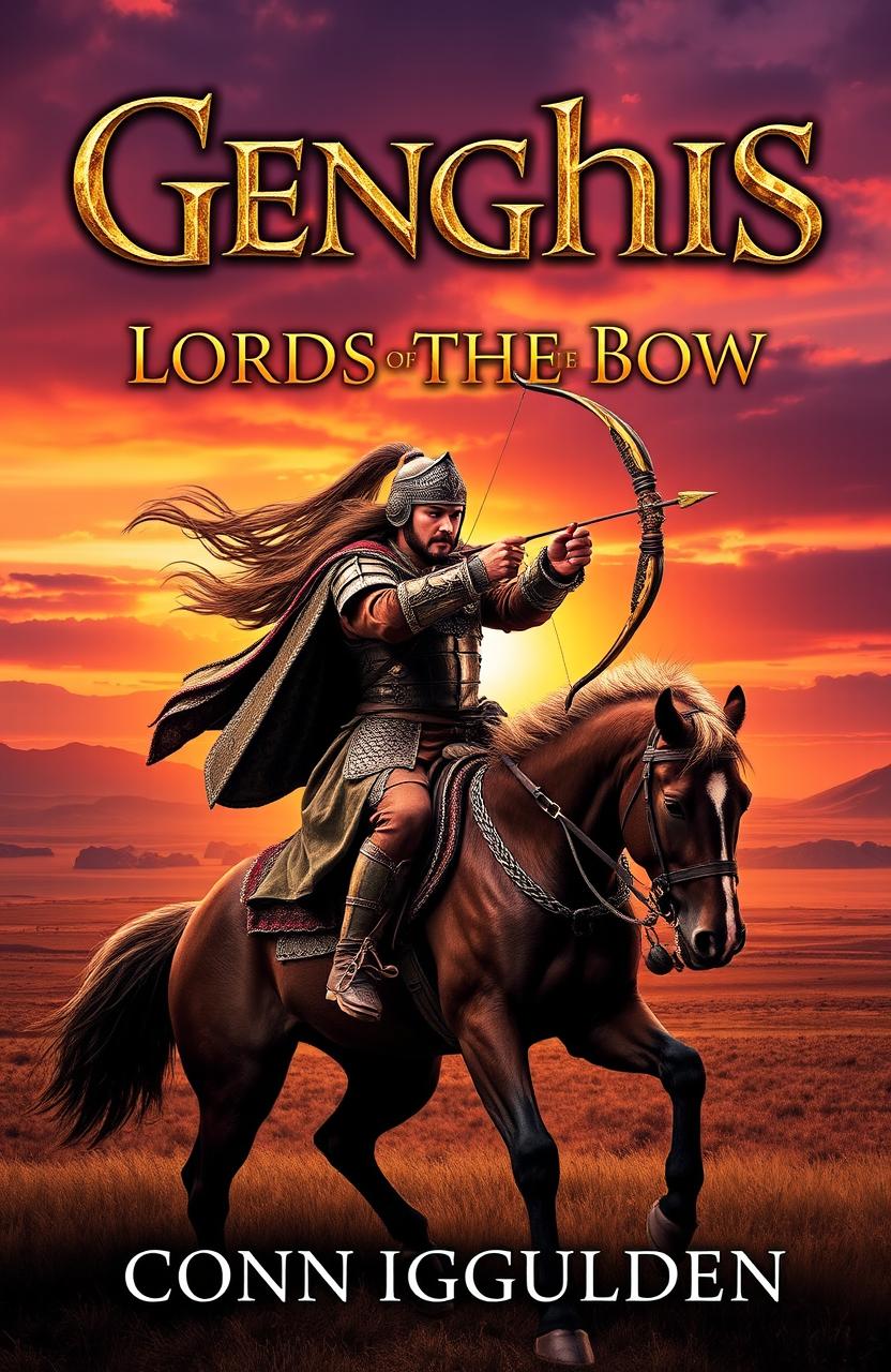 A dramatic and visually striking book cover design for 'Genghis: Lords of the Bow' by Conn Iggulden