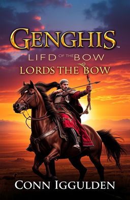 A dramatic and visually striking book cover design for 'Genghis: Lords of the Bow' by Conn Iggulden