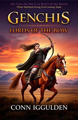 A dramatic and visually striking book cover design for 'Genghis: Lords of the Bow' by Conn Iggulden
