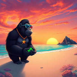 A digital illustration of a majestic gorilla standing on a sandy beach during sunset