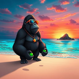 A digital illustration of a majestic gorilla standing on a sandy beach during sunset