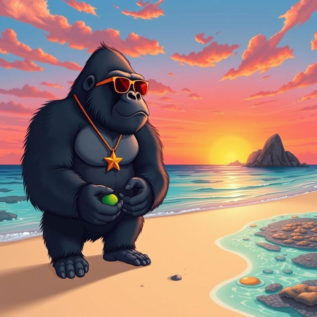 A digital illustration of a majestic gorilla standing on a sandy beach during sunset