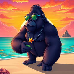 A digital illustration of a majestic gorilla standing on a sandy beach during sunset