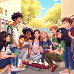 A vibrant digital illustration capturing the essence of teenage life, showcasing a diverse group of teenagers hanging out in a school setting