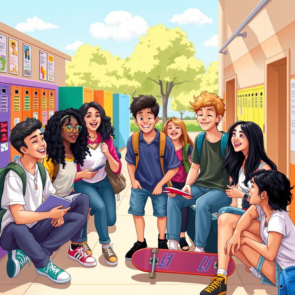 A vibrant digital illustration capturing the essence of teenage life, showcasing a diverse group of teenagers hanging out in a school setting