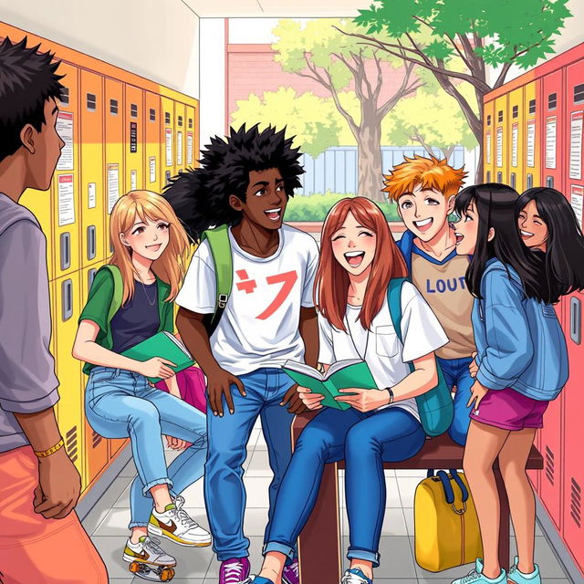 A vibrant digital illustration capturing the essence of teenage life, showcasing a diverse group of teenagers hanging out in a school setting