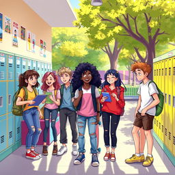 A vibrant digital illustration capturing the essence of teenage life, showcasing a diverse group of teenagers hanging out in a school setting
