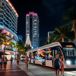 A beautiful Caribbean tropical city at night, featuring modern buildings illuminated with vibrant Christmas decorations