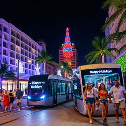 A beautiful Caribbean tropical city at night, featuring modern buildings illuminated with vibrant Christmas decorations