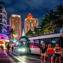 A beautiful Caribbean tropical city at night, featuring modern buildings illuminated with vibrant Christmas decorations