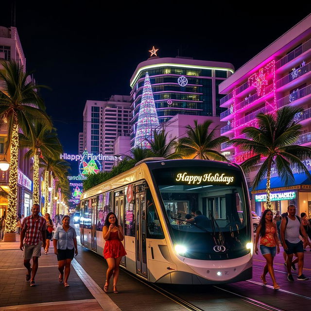 A beautiful Caribbean tropical city at night, featuring modern buildings illuminated with vibrant Christmas decorations