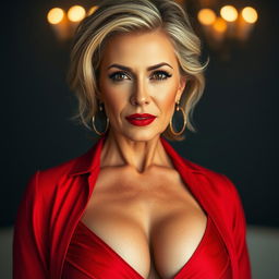 A captivating 50-year-old woman, exuding bold confidence, dressed in an eye-catching red outfit that highlights her deep cleavage