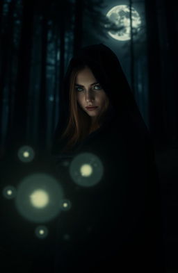 A mysterious woman standing in a dimly lit forest, with faint moonlight filtering through the trees