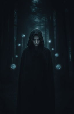 A mysterious woman standing in a dimly lit forest, with faint moonlight filtering through the trees