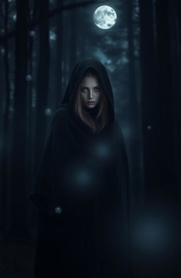 A mysterious woman standing in a dimly lit forest, with faint moonlight filtering through the trees