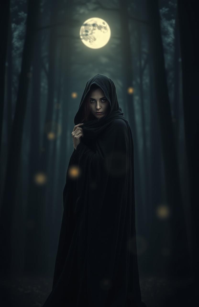 A mysterious woman standing in a dimly lit forest, with faint moonlight filtering through the trees