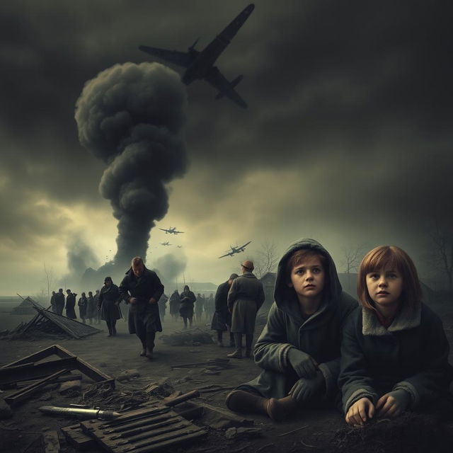 A somber and respectful depiction of a historical tragedy during World War II, showcasing the RAF bombing of a refugee camp