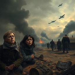 A somber and respectful depiction of a historical tragedy during World War II, showcasing the RAF bombing of a refugee camp