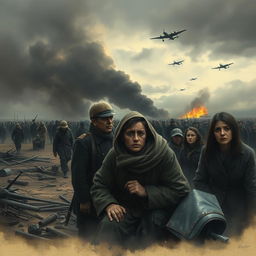 A somber and respectful depiction of a historical tragedy during World War II, showcasing the RAF bombing of a refugee camp