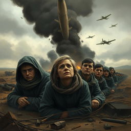 A somber and respectful depiction of a historical tragedy during World War II, showcasing the RAF bombing of a refugee camp