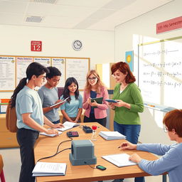 An academic illustration of a physics classroom for 12th-grade students during the second semester