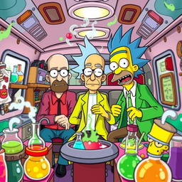 A vibrant and dynamic scene featuring Walter White from Breaking Bad, Rick from Rick and Morty, and Homer Simpson's father, Abe Simpson, all gathered inside a colorful laboratory set within a RV