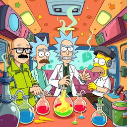 A vibrant and dynamic scene featuring Walter White from Breaking Bad, Rick from Rick and Morty, and Homer Simpson's father, Abe Simpson, all gathered inside a colorful laboratory set within a RV