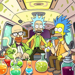 A vibrant and dynamic scene featuring Walter White from Breaking Bad, Rick from Rick and Morty, and Homer Simpson's father, Abe Simpson, all gathered inside a colorful laboratory set within a RV