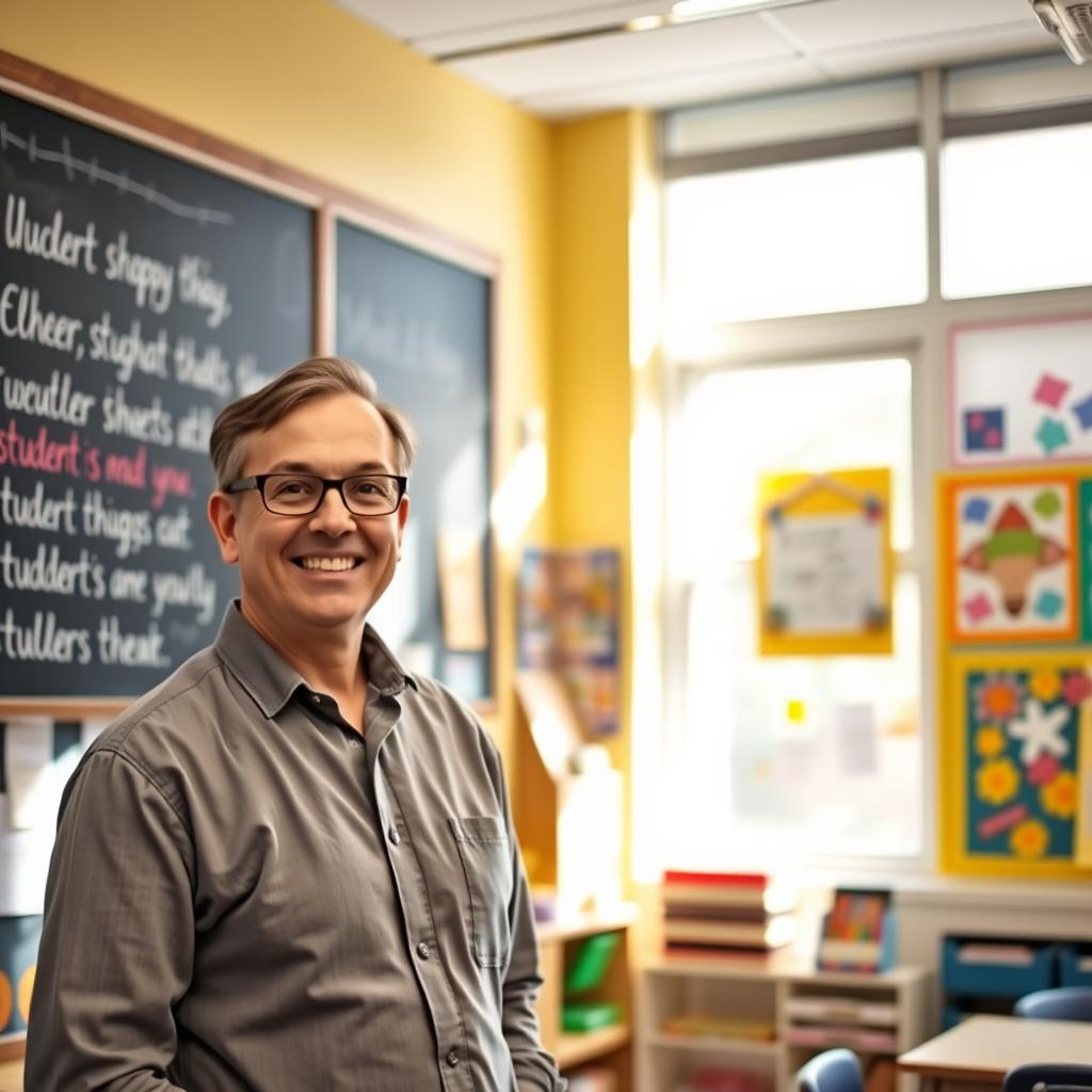 A portrait of a teacher in a bright, inviting classroom