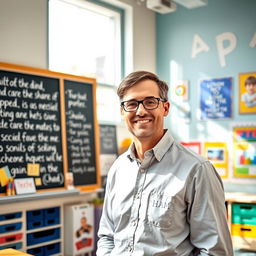 A portrait of a teacher in a bright, inviting classroom