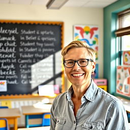 A portrait of a teacher in a bright, inviting classroom