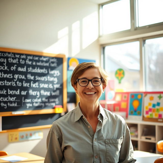 A portrait of a teacher in a bright, inviting classroom