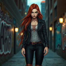 A female character with long, flowing auburn hair that cascades down her back