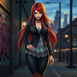 A female character with long, flowing auburn hair that cascades down her back