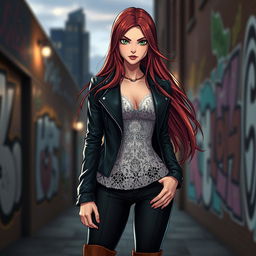 A female character with long, flowing auburn hair that cascades down her back