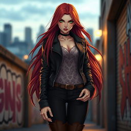 A female character with long, flowing auburn hair that cascades down her back